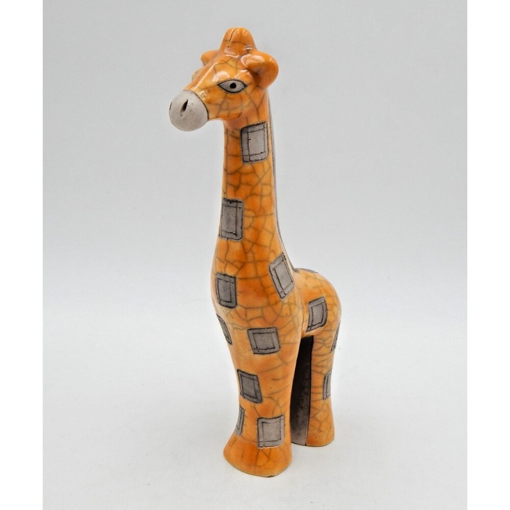 Fenix Raku Giraffe Figure Patchwork Handmade South Africa Orange Crackle 9 Inch